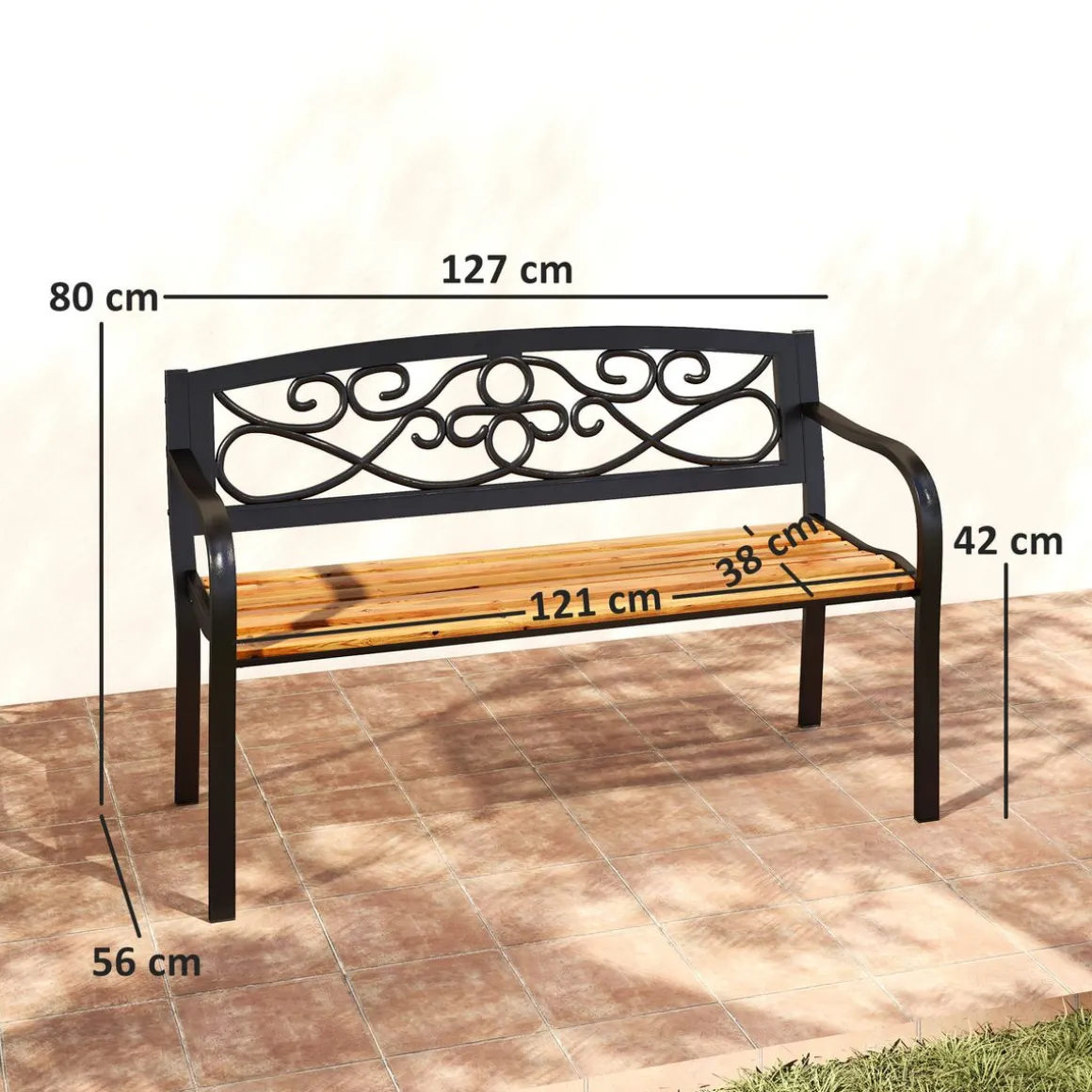 Banco de jardín Renata Outsunny 2 plazas respaldo forjado negro/marrón 80x127x56 cm