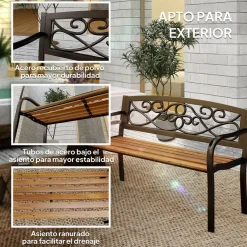 Banco de jardín Renata Outsunny 2 plazas respaldo forjado negro/marrón 80x127x56 cm