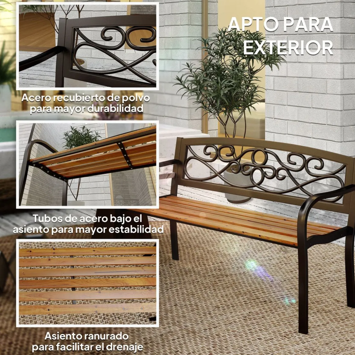 Banco de jardín Renata Outsunny 2 plazas respaldo forjado negro/marrón 80x127x56 cm