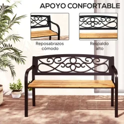 Banco de jardín Renata Outsunny 2 plazas respaldo forjado negro/marrón 80x127x56 cm