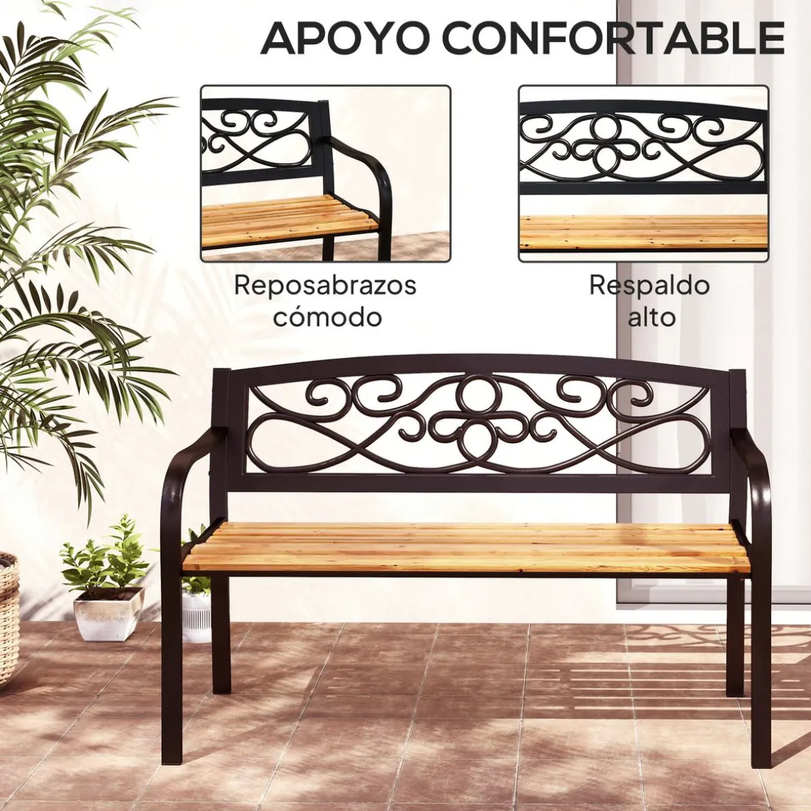 Banco de jardín Renata Outsunny 2 plazas respaldo forjado negro/marrón 80x127x56 cm