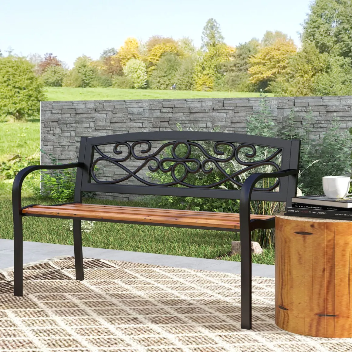 Banco de jardín Renata Outsunny 2 plazas respaldo forjado negro/marrón 80x127x56 cm
