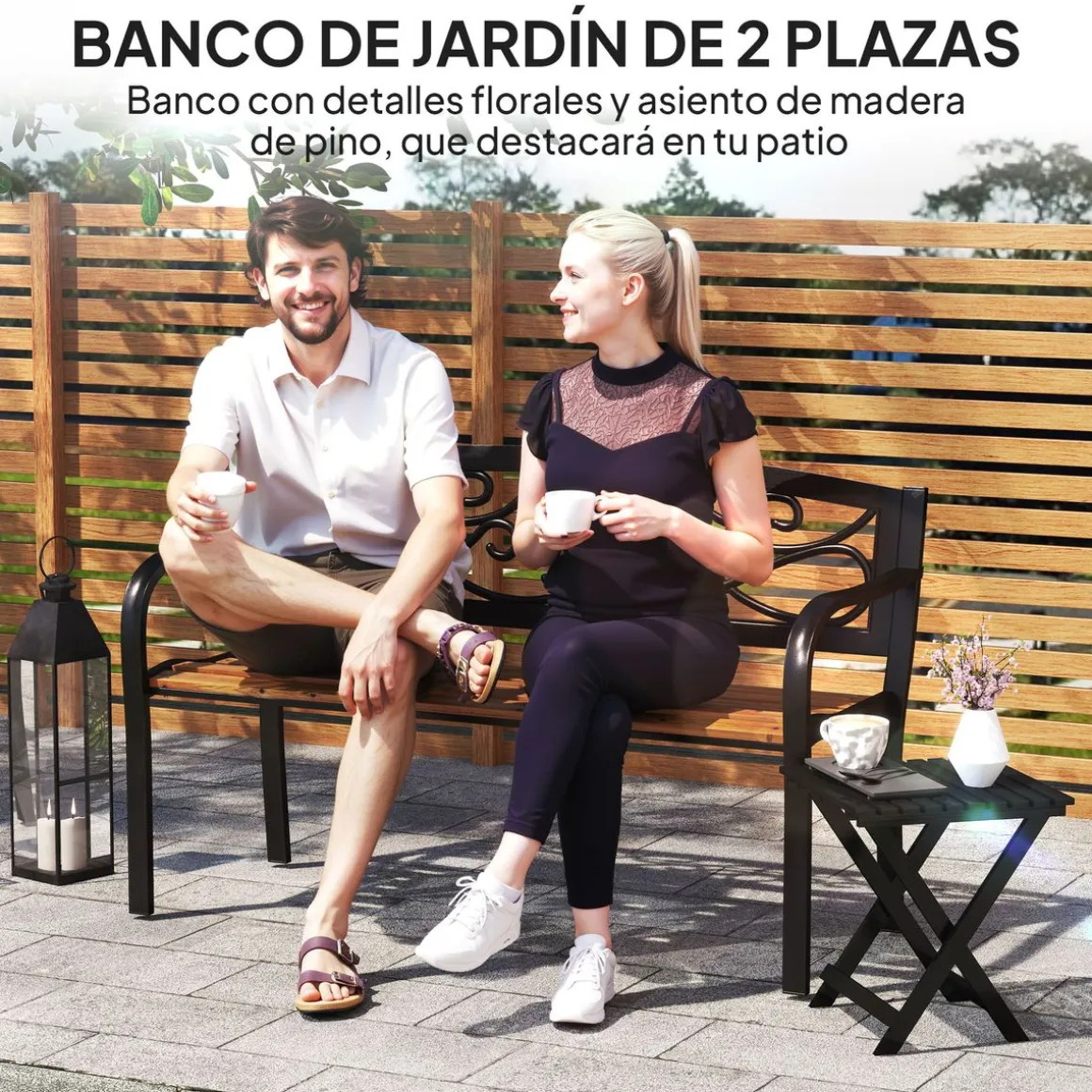 Banco de jardín Renata Outsunny 2 plazas respaldo forjado negro/marrón 80x127x56 cm