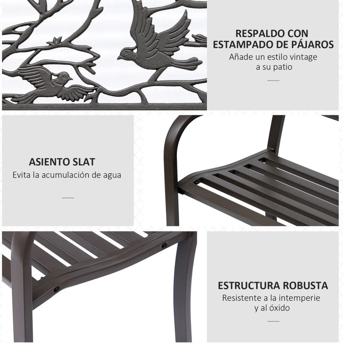 Banco de jardín Road Outsunny respaldo + reposabrazos marrón 240kg 85x127x60 cm