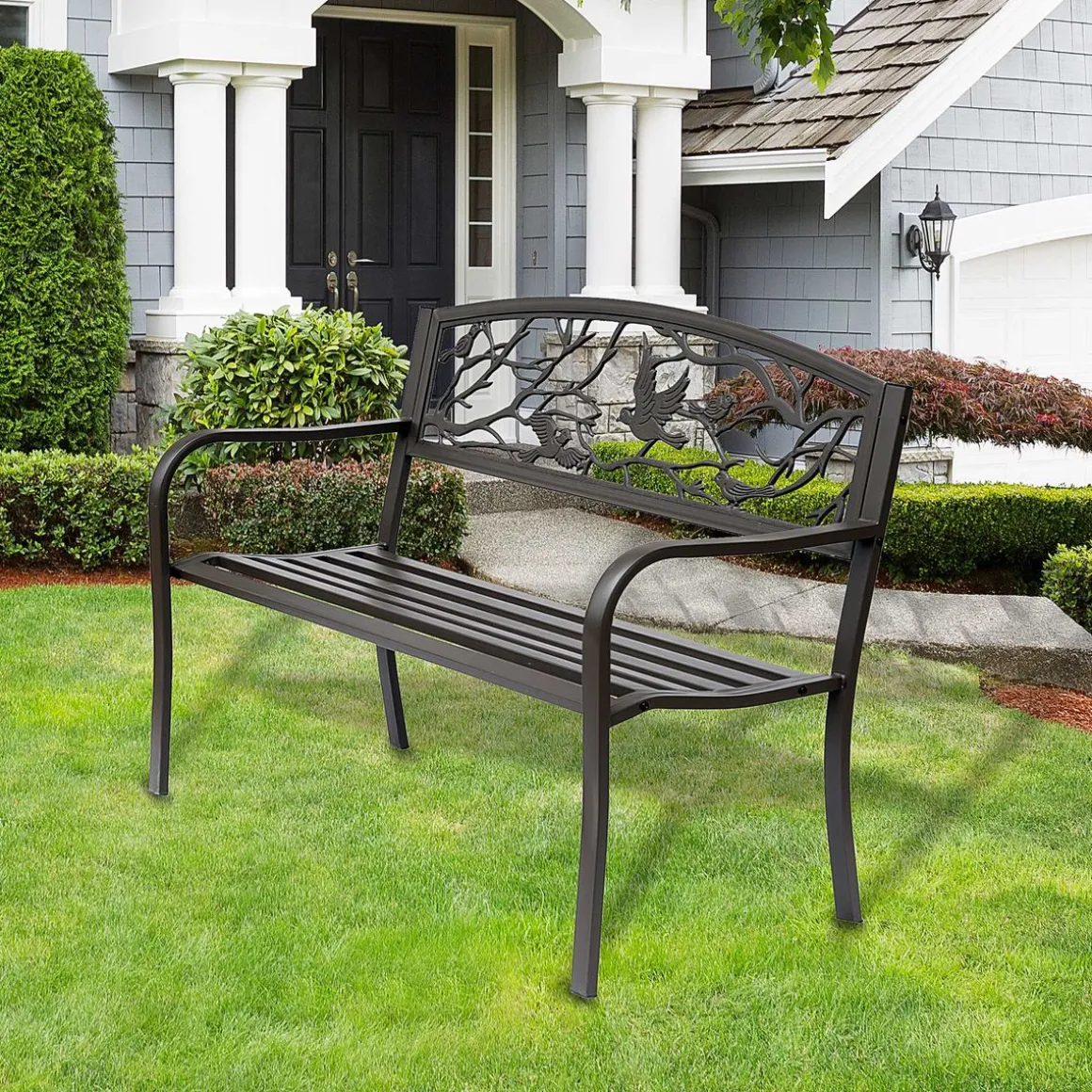 Banco de jardín Road Outsunny respaldo + reposabrazos marrón 240kg 85x127x60 cm