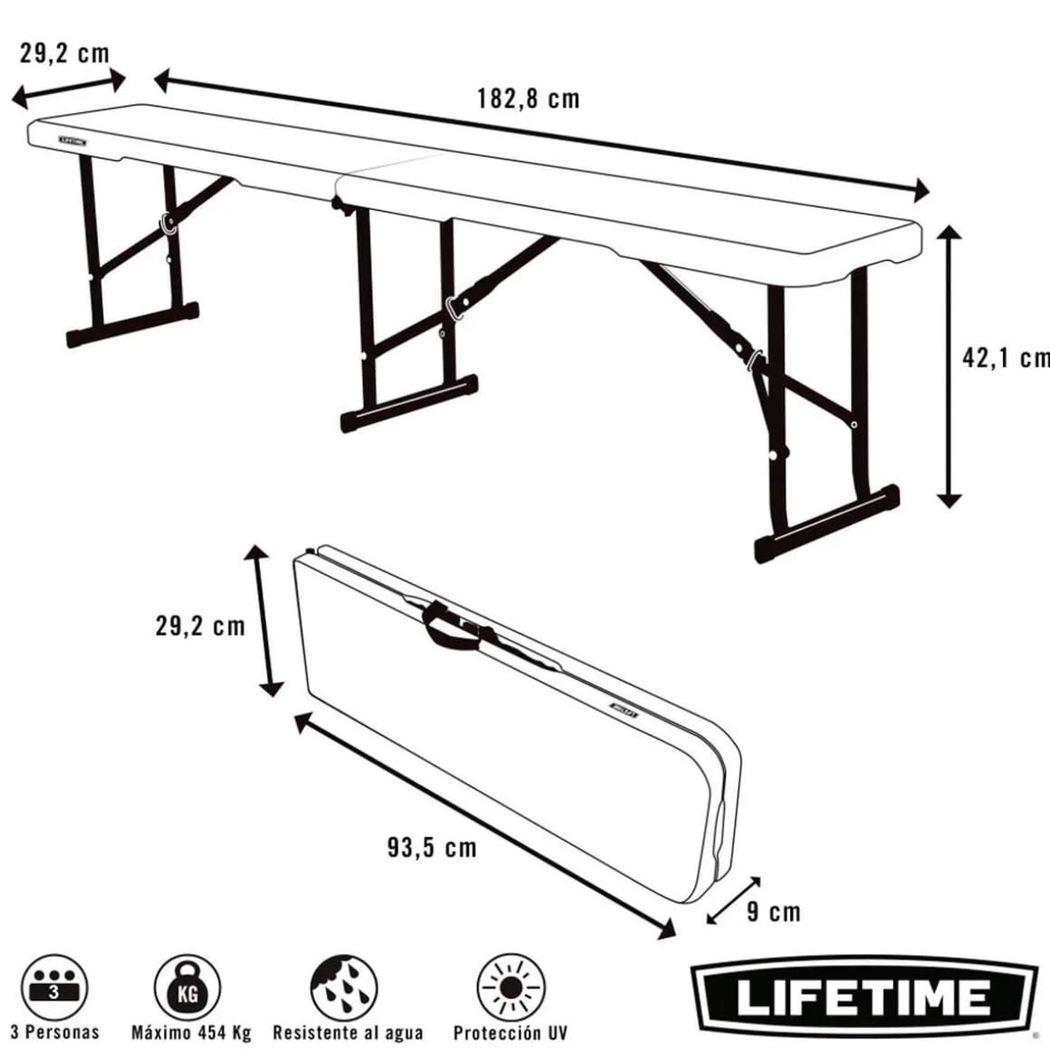 Banco plegable Lifetime ultrarresistente 454kg blanco 42,1x182,8x29,2 cm