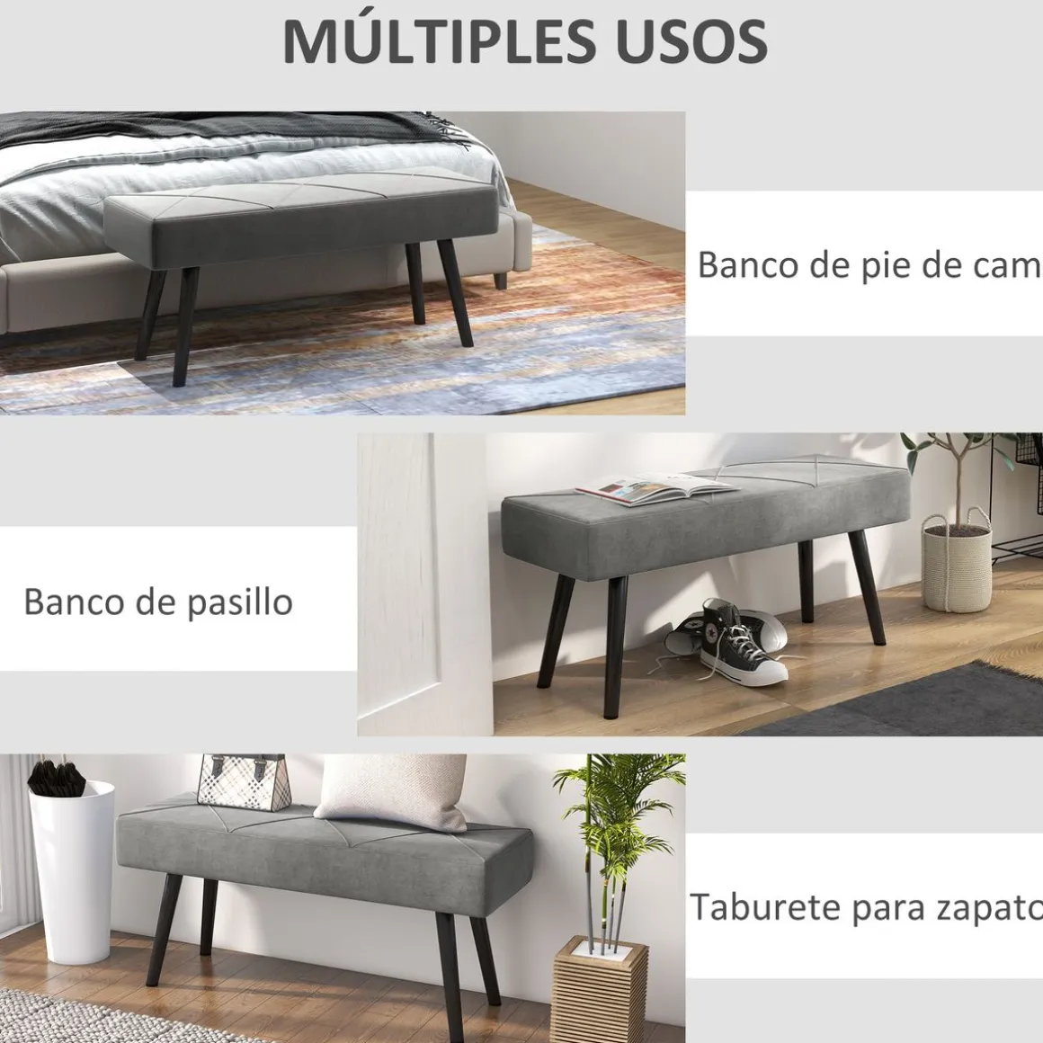 Banco Sojo Homcom acolchado gris 45x100x36 cm