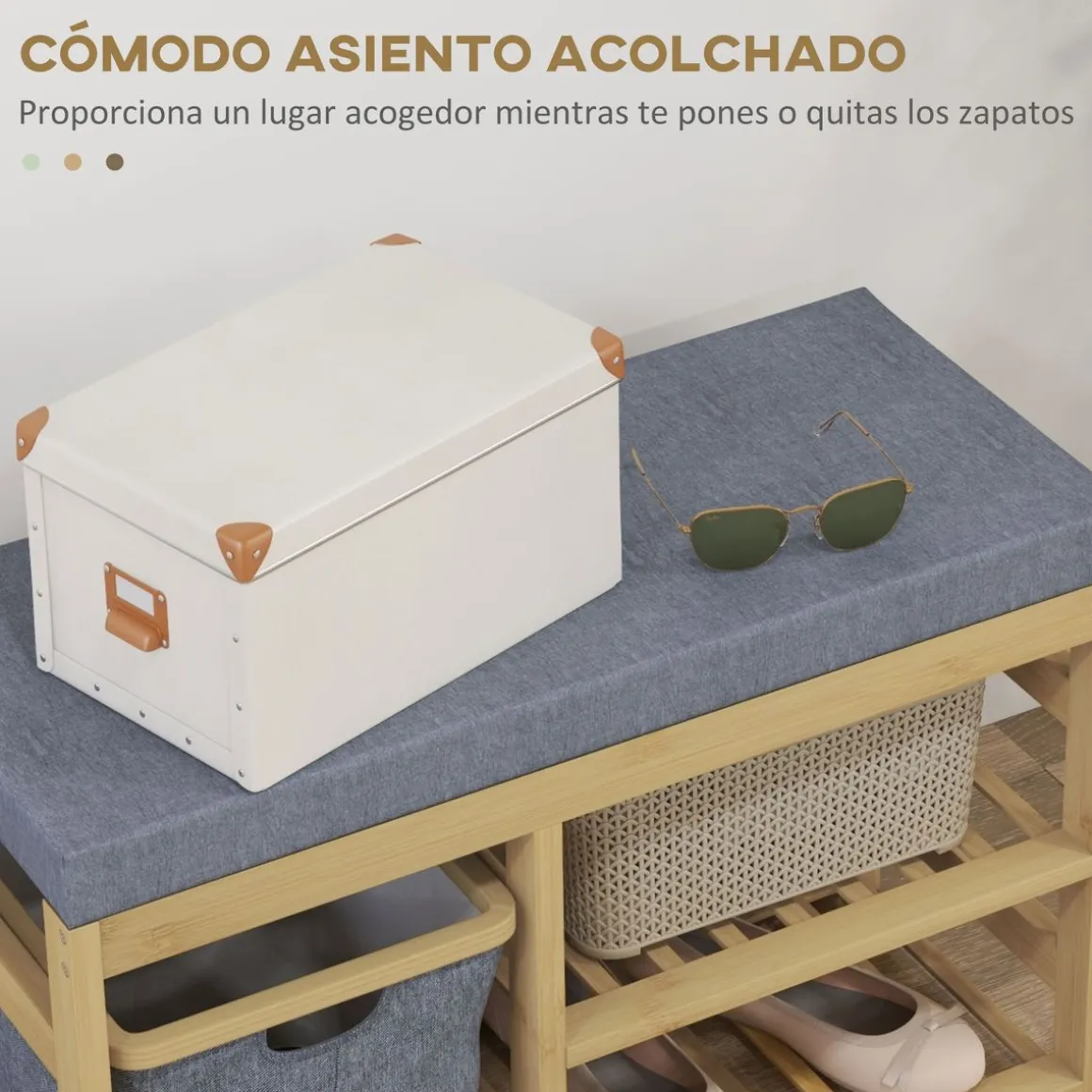 Banco zapatero Bamboo Homcom cesta extraíble + 2 estantes natural 45x69x30 cm