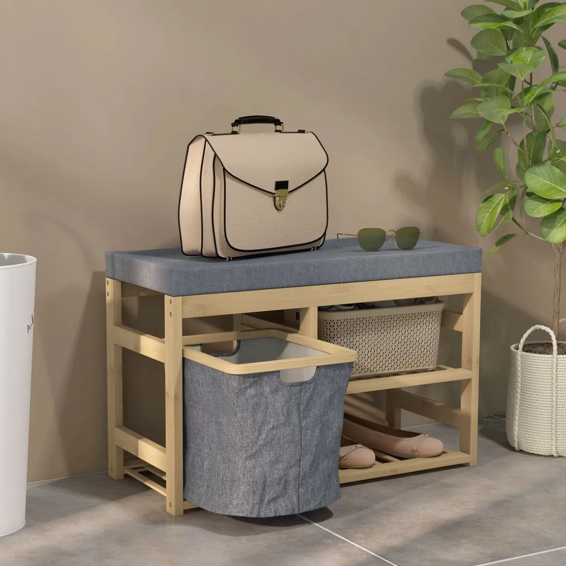 Banco zapatero Bamboo Homcom cesta extraíble + 2 estantes natural 45x69x30 cm