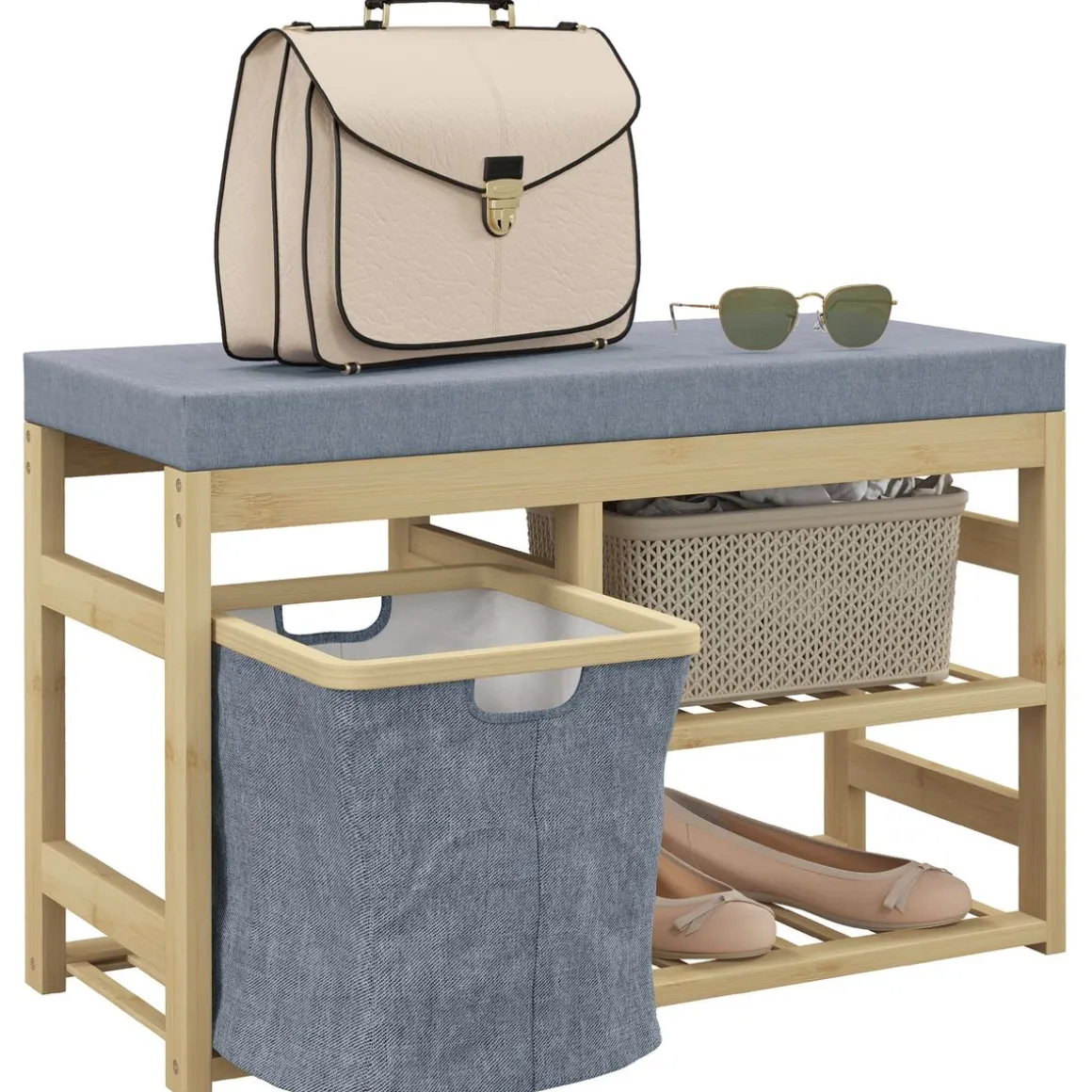 Banco zapatero Bamboo Homcom cesta extraíble + 2 estantes natural 45x69x30 cm