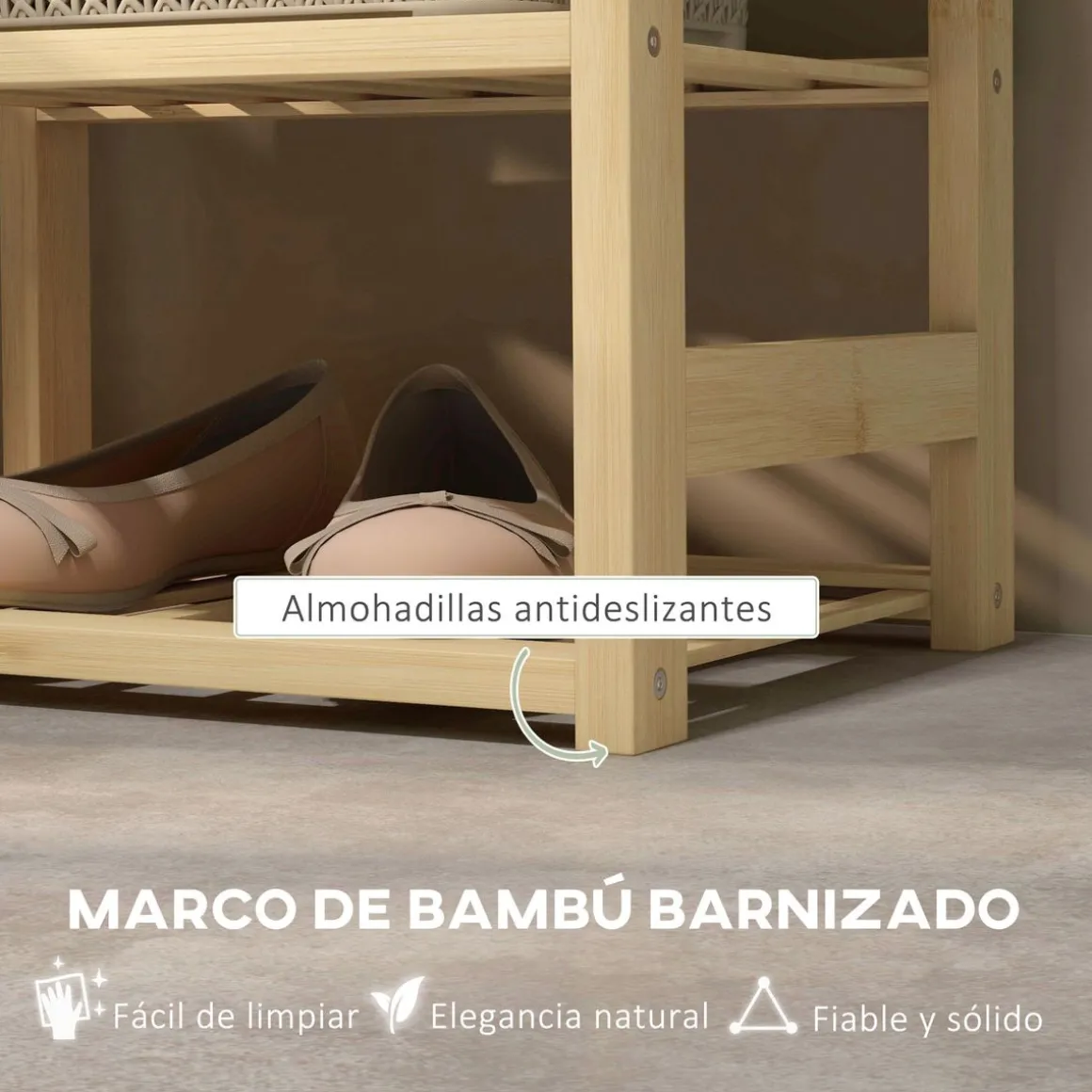 Banco zapatero Bamboo Homcom cesta extraíble + 2 estantes natural 45x69x30 cm
