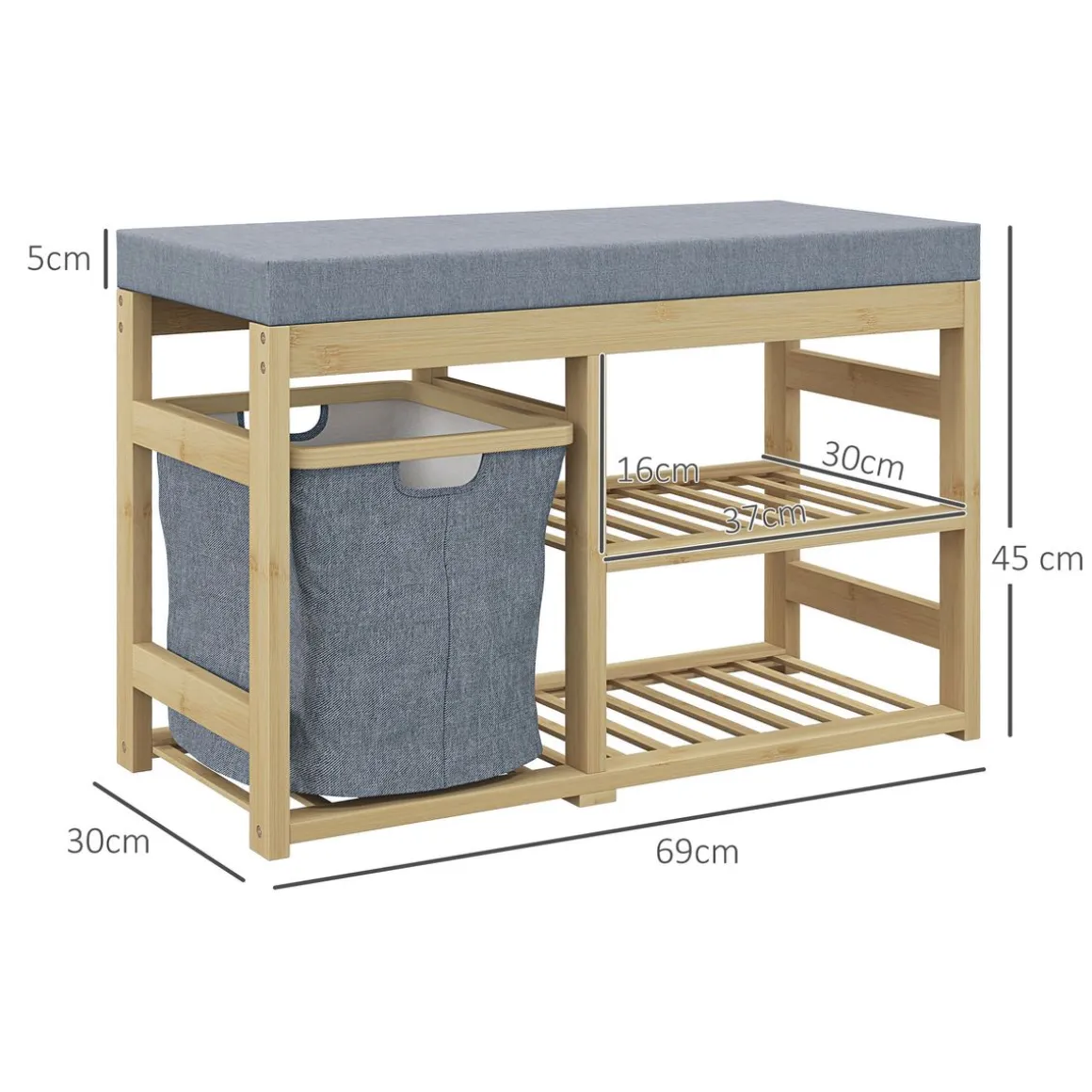 Banco zapatero Bamboo Homcom cesta extraíble + 2 estantes natural 45x69x30 cm