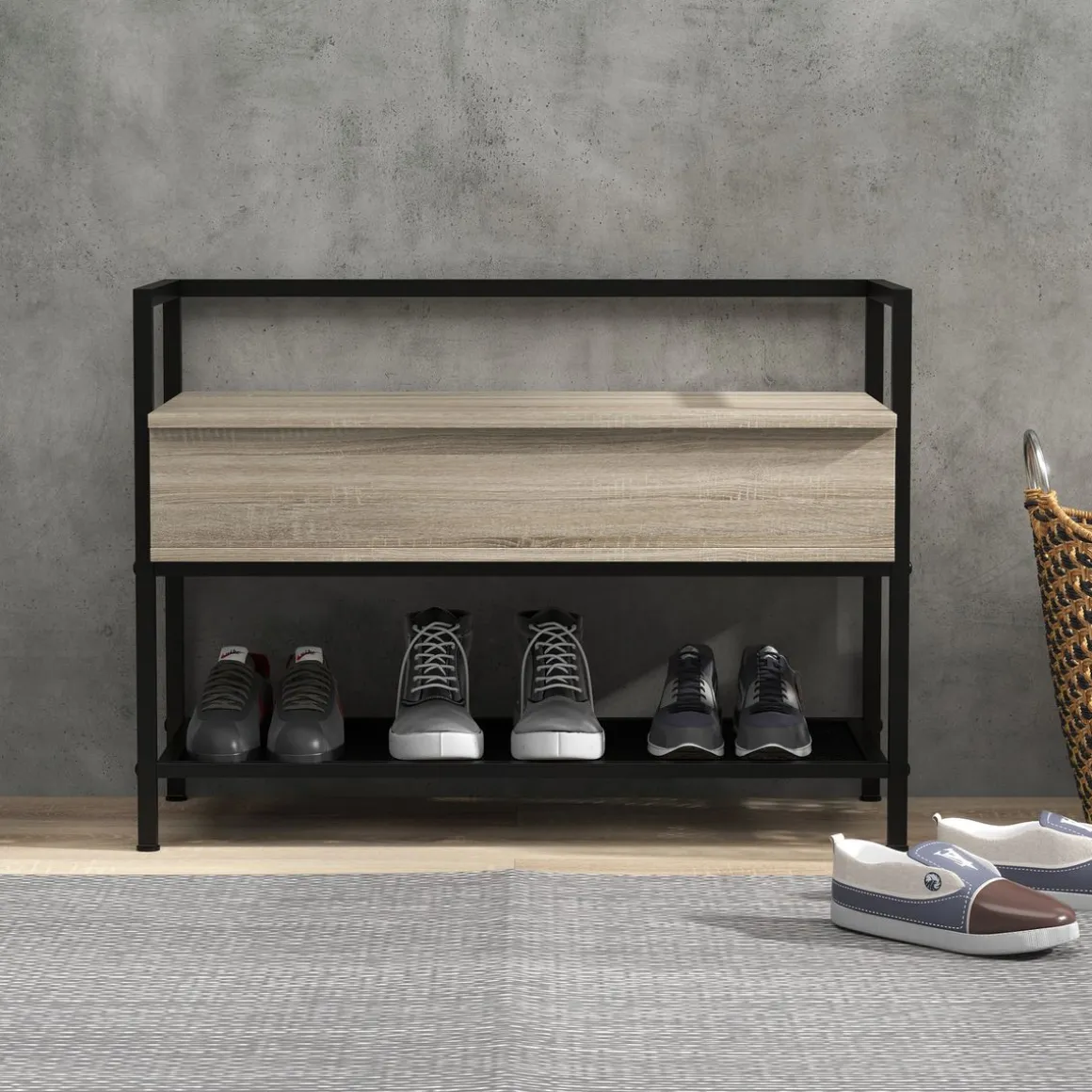Banco zapatero Batu Homcom con tapa abatible + estante roble 61x84x39,5 cm