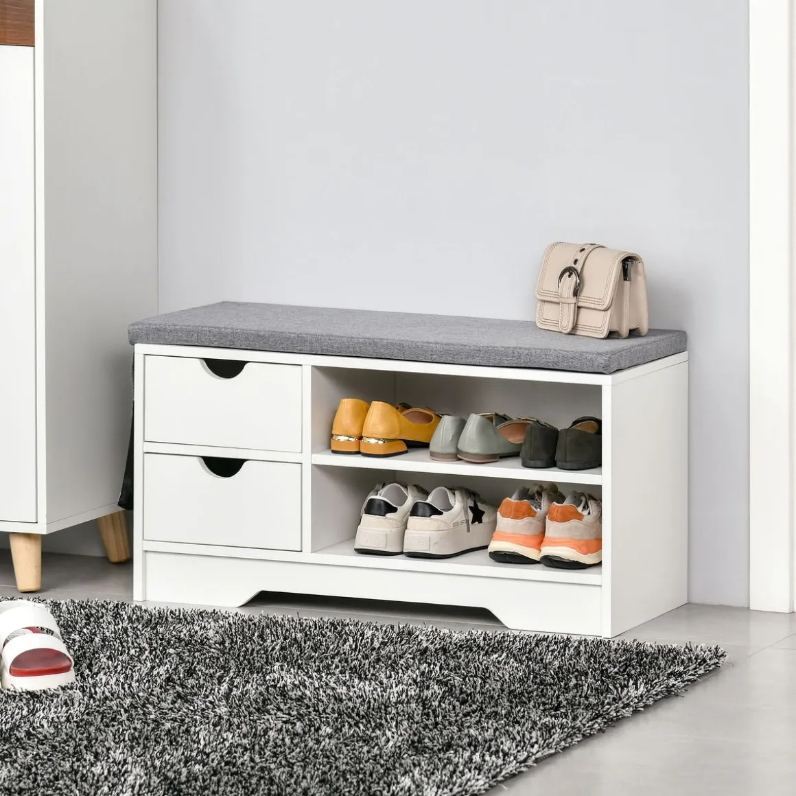 Banco zapatero Craig Homcom 2 cajones + estante blanco/gris 43,5x80,5x30,5 cm