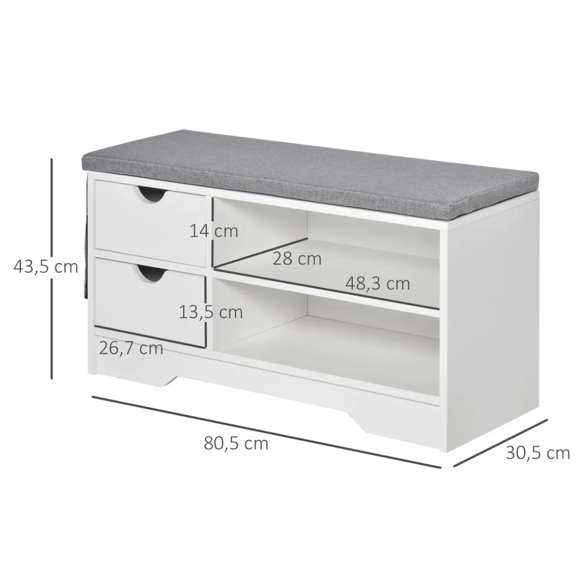 Banco zapatero Craig Homcom 2 cajones + estante blanco/gris 43,5x80,5x30,5 cm