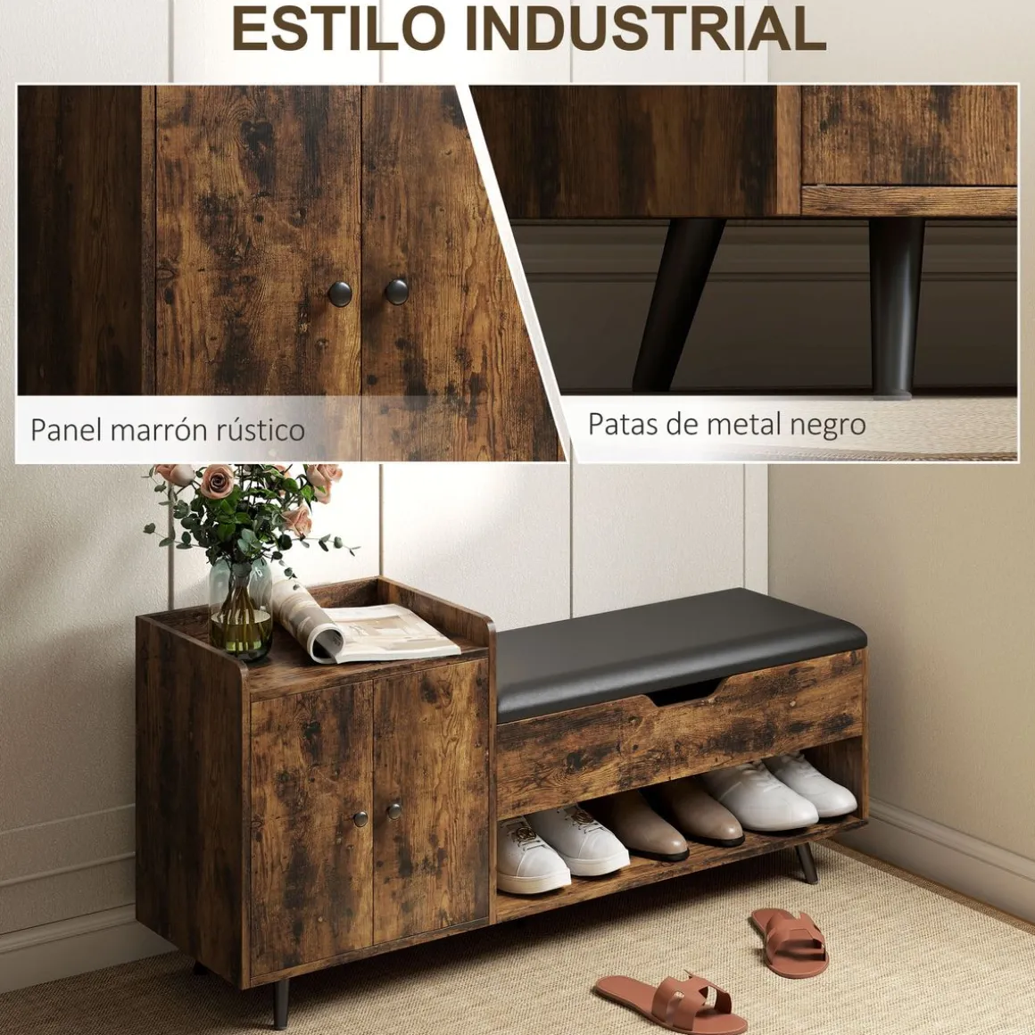 Banco zapatero Hana Homcom asiento acolchado con armario marrón 59x127x35 cm