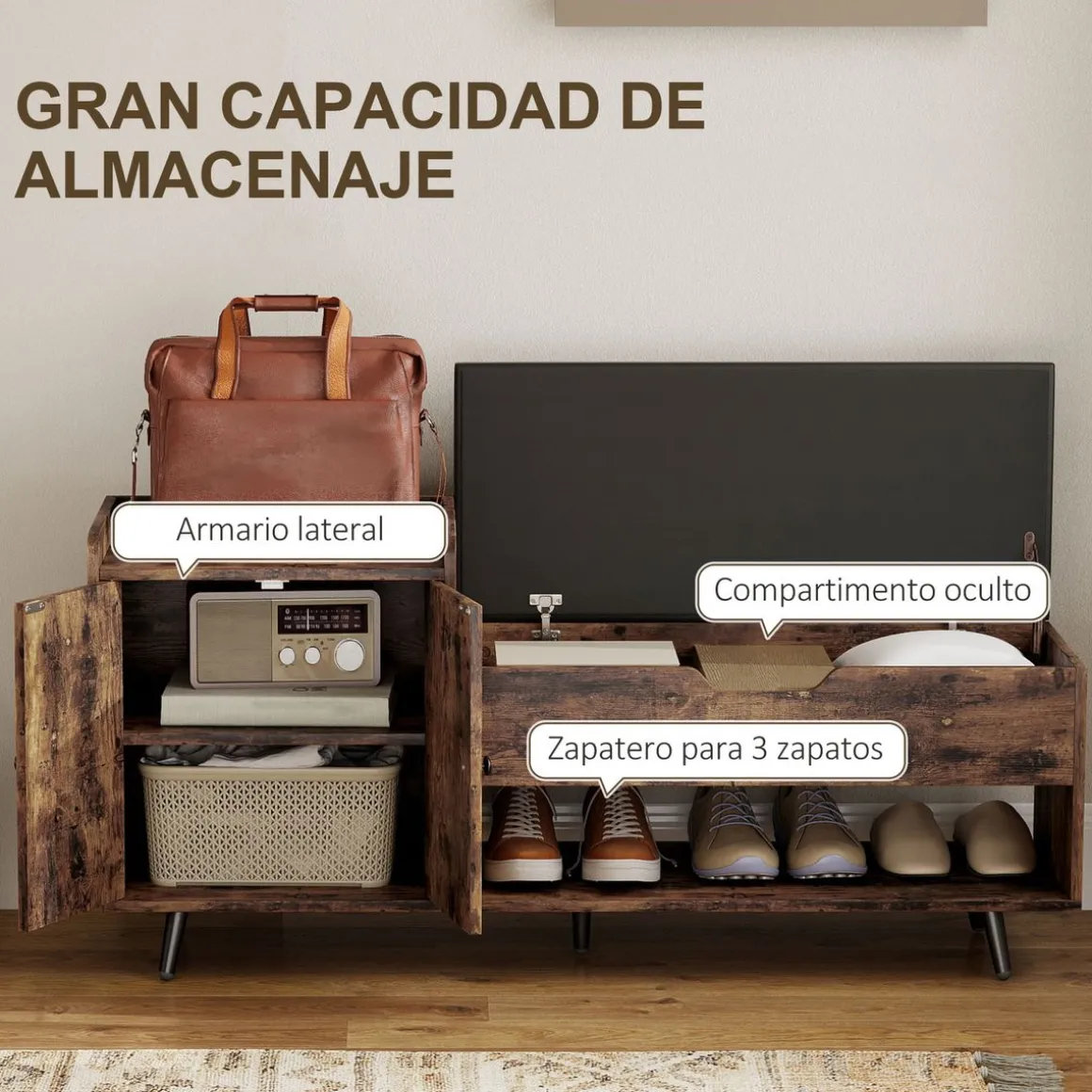 Banco zapatero Hana Homcom asiento acolchado con armario marrón 59x127x35 cm
