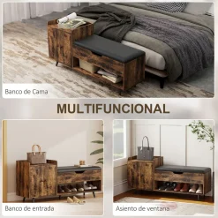 Banco zapatero Hana Homcom asiento acolchado con armario marrón 59x127x35 cm