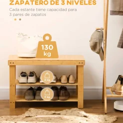 Banco zapatero Homcom con asiento 2 estantes 6 pares natural 45x70x28 cm