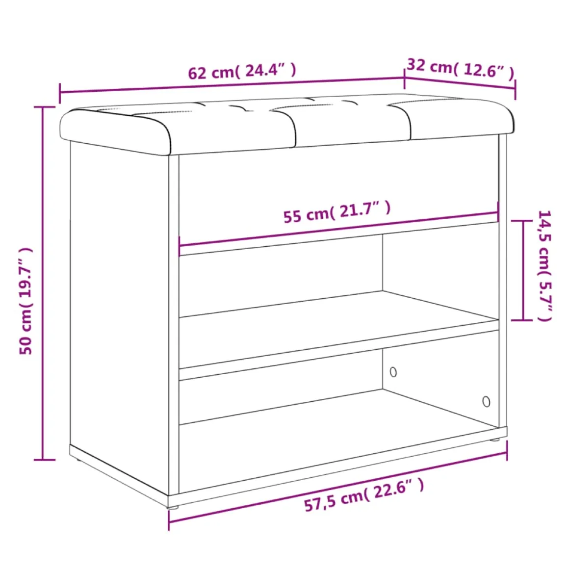 Banco zapatero Penny asiento + baúl + 2 estantes 50x62x32 cm