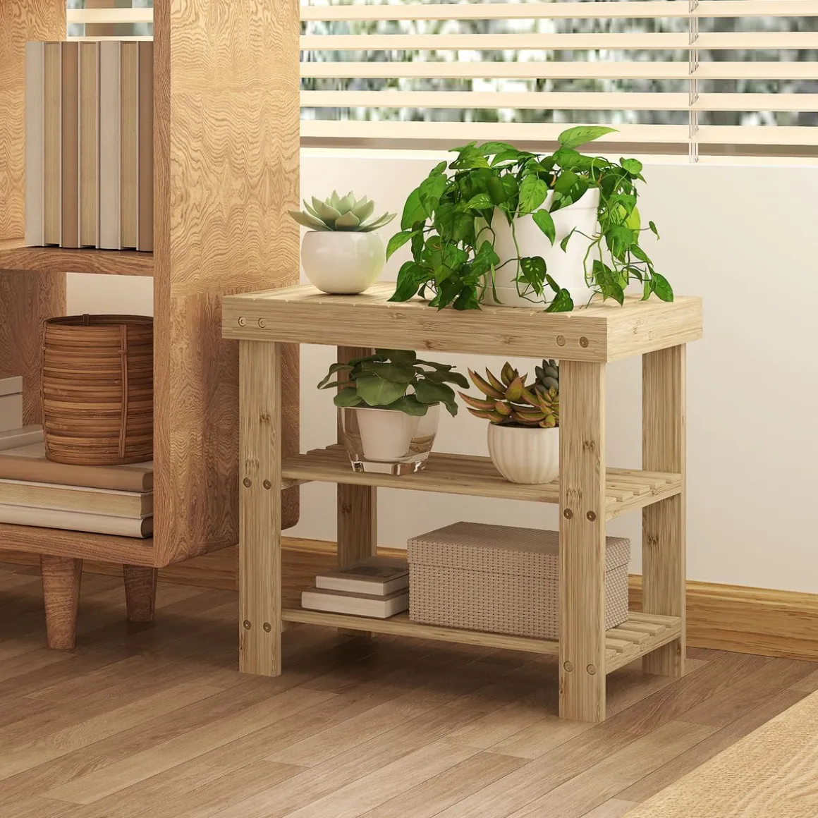 Banco zapatero Tarde Homcom 2 estantes natural 45x50x28 cm