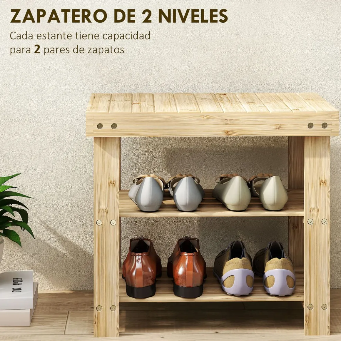 Banco zapatero Tarde Homcom 2 estantes natural 45x50x28 cm