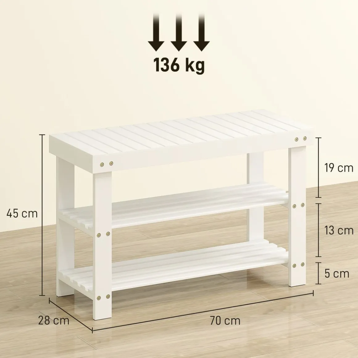 Banco zapatero Trigo Homcom 2 estantes blanco 45x70x28 cm