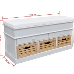 Banqueta con cojín + 2 cajones+ 3 cestas blanco/natural 50x100x35 cm
