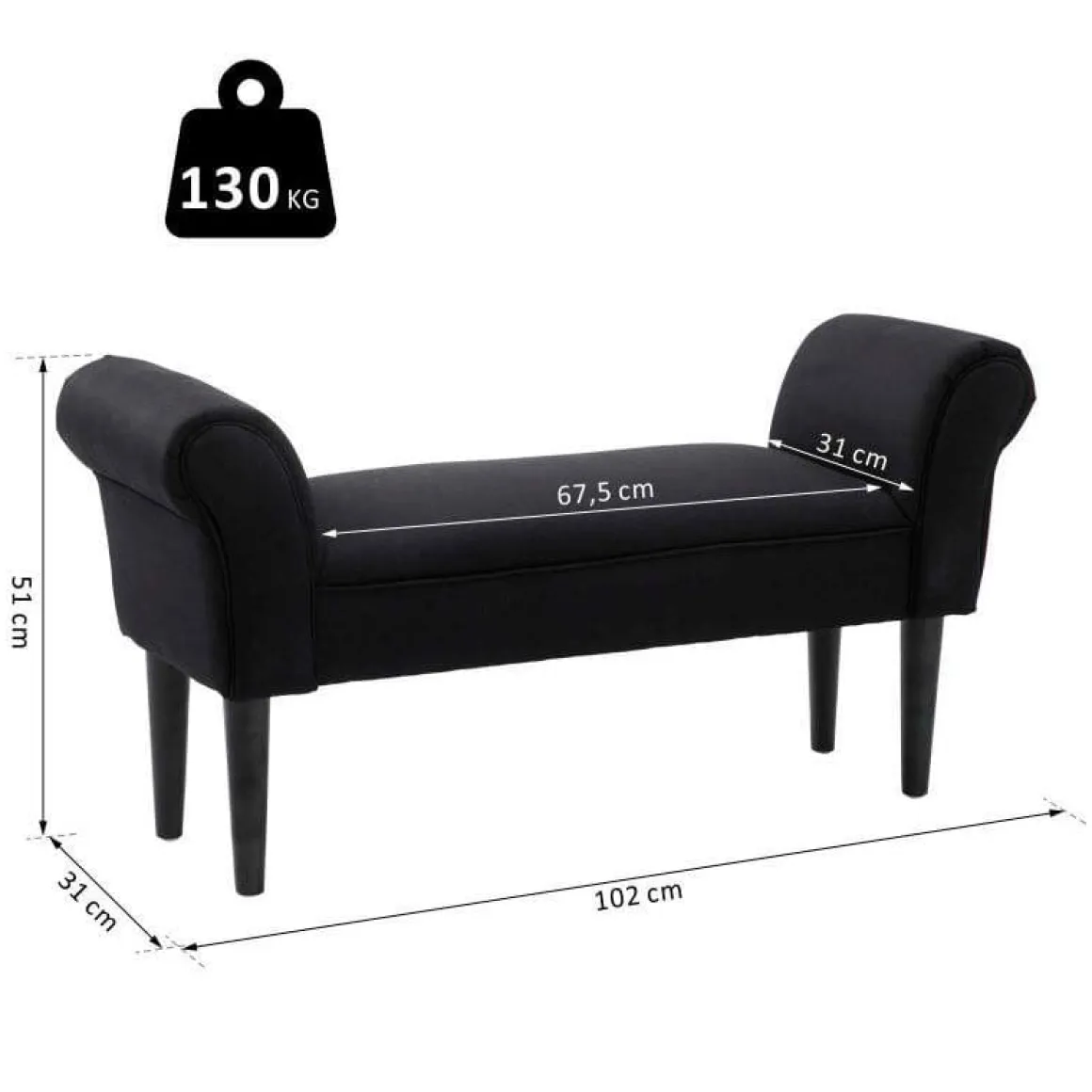 Banqueta Homcom acolchada negro 51x102x31 cm
