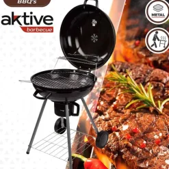 Barbacoa de carbón Aktive con tapa+ruedas negro Ø57x86 cm