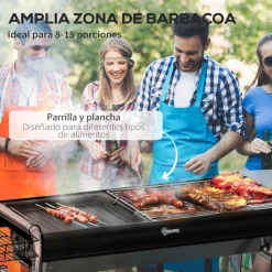 Barbacoa de carbón Flor Outsunny con bandeja + estante negro 72x96x61 cm