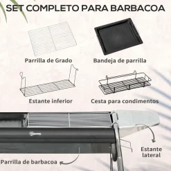 Barbacoa de carbón Flor Outsunny con bandeja + estante negro 72x96x61 cm
