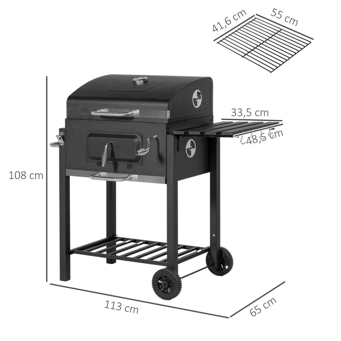 Barbacoa de carbón Jay tapa + termostato + ruedas negro 108x113x65 cm