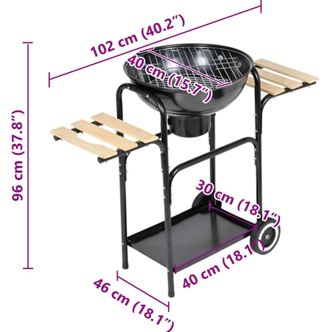 Barbacoa de carbón Louisiana con ruedas + 2 tablas laterales acero negro Ø44 cm