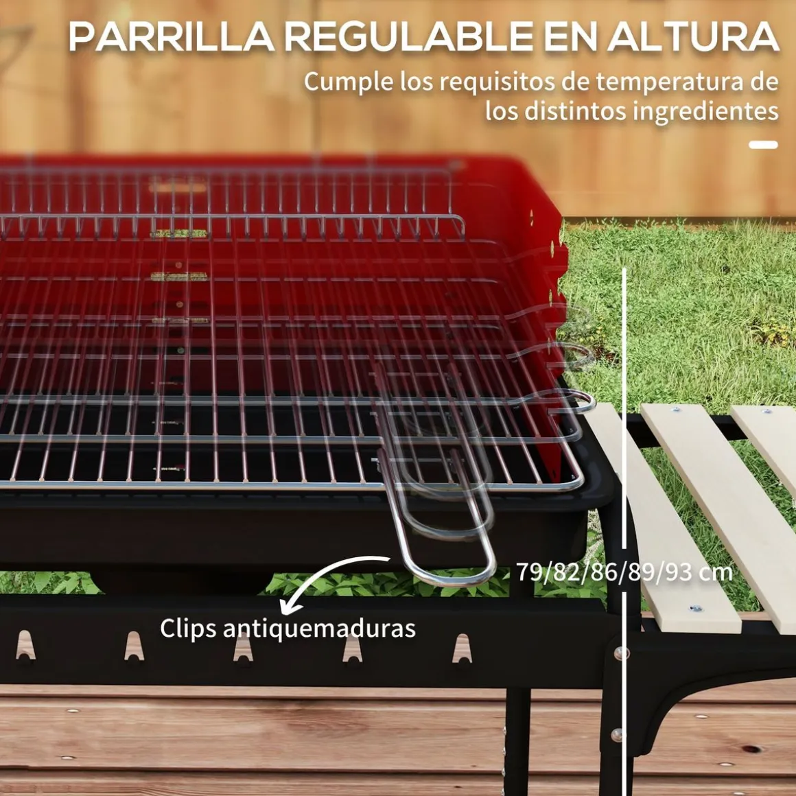 Barbacoa de carbón Marga Outsunny plegable + parrilla ajustable + estantes rojo/negro 95x103x47 cm