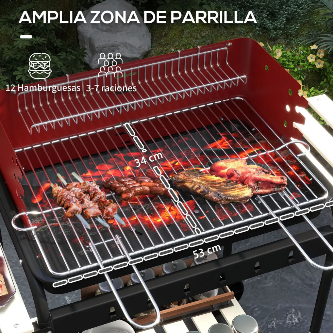 Barbacoa de carbón Marga Outsunny plegable + parrilla ajustable + estantes rojo/negro 95x103x47 cm