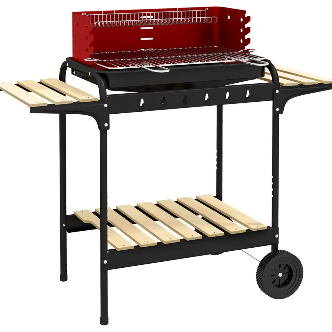 Barbacoa de carbón Marga Outsunny plegable + parrilla ajustable + estantes rojo/negro 95x103x47 cm
