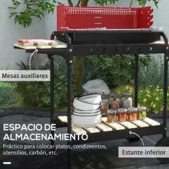 Barbacoa de carbón Marga Outsunny plegable + parrilla ajustable + estantes rojo/negro 95x103x47 cm