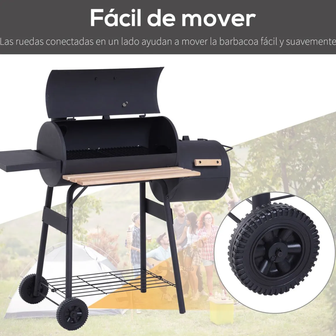 Barbacoa de carbón Outsunny 3 en 1 negro 104x124x53 cm