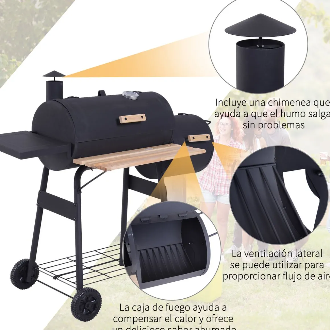 Barbacoa de carbón Outsunny 3 en 1 negro 104x124x53 cm