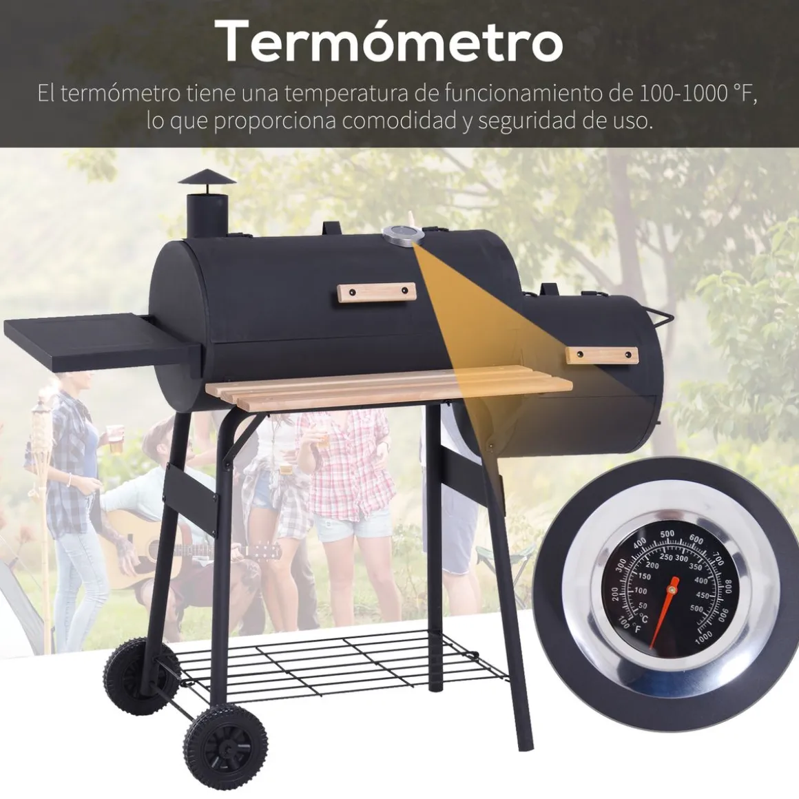Barbacoa de carbón Outsunny 3 en 1 negro 104x124x53 cm