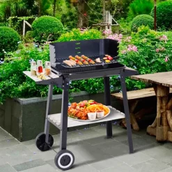 Barbacoa de carbón Outsunny altura ajustable 2 estantes negro 87x83x45 cm
