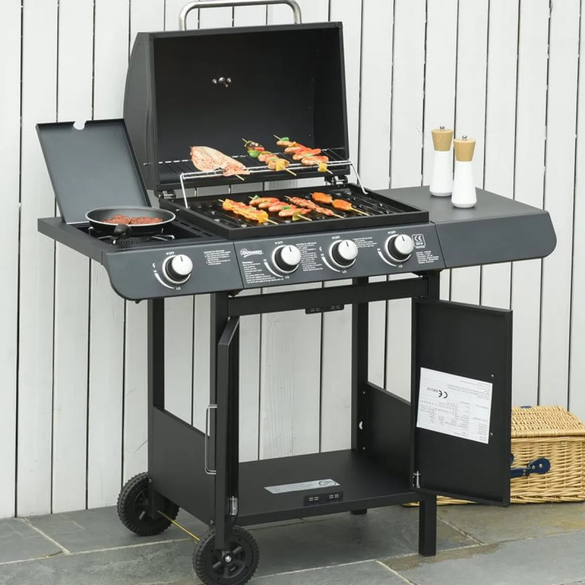 Barbacoa de gas Outsunny 3+1 negro 100x110x50 cm