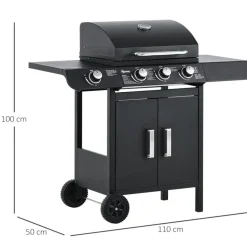 Barbacoa de gas Outsunny 3+1 negro 100x110x50 cm