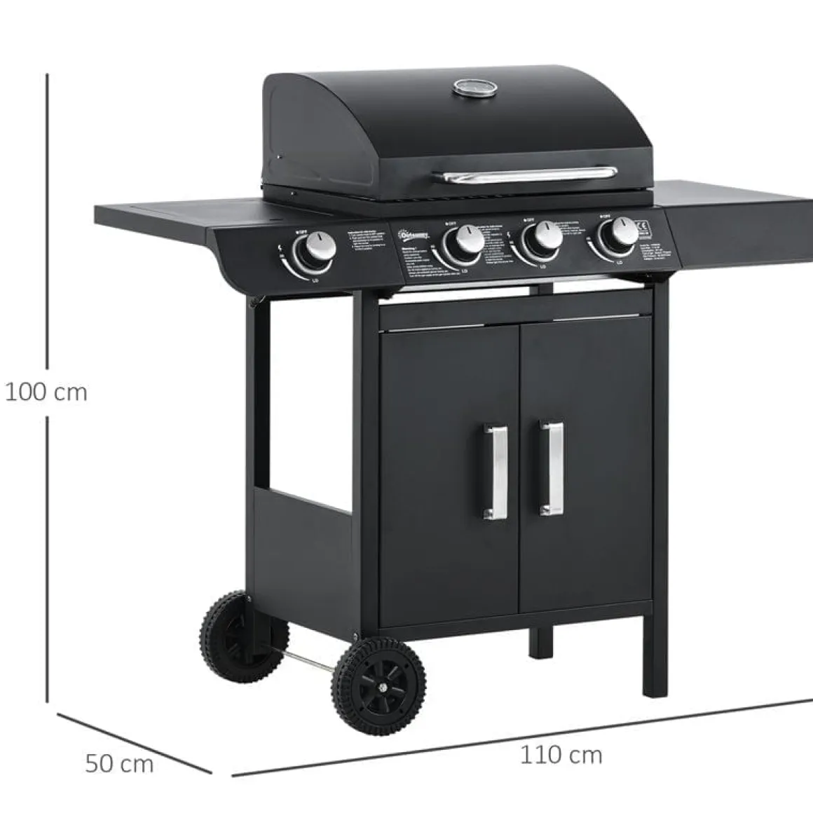 Barbacoa de gas Outsunny 3+1 negro 100x110x50 cm