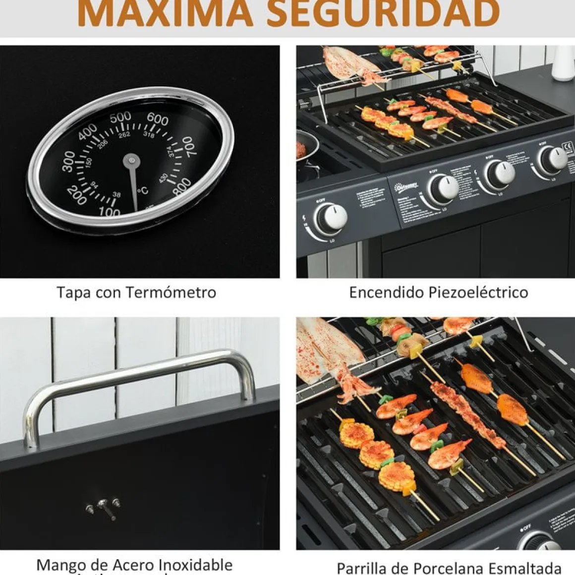 Barbacoa de gas Outsunny 3+1 negro 100x110x50 cm