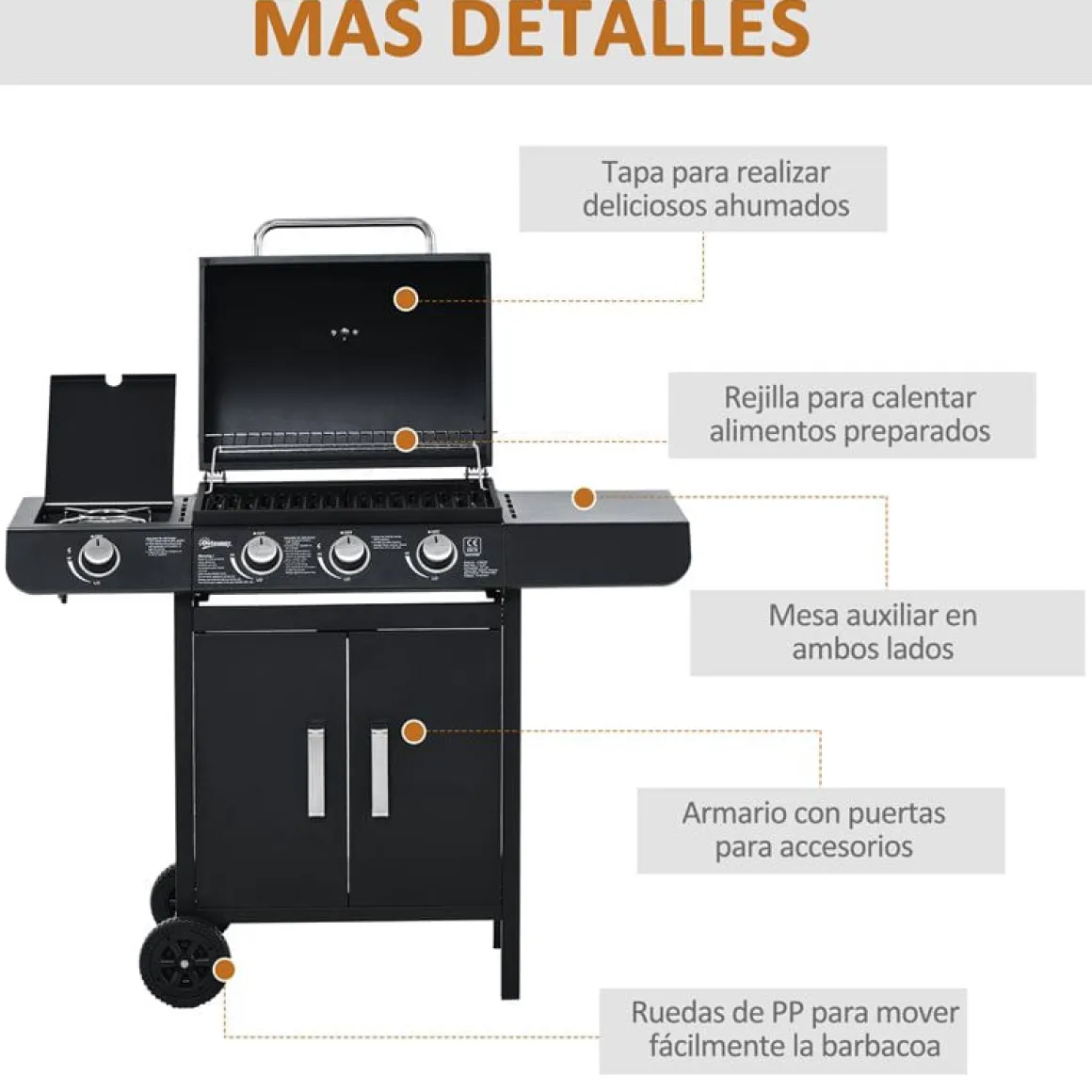 Barbacoa de gas Outsunny 3+1 negro 100x110x50 cm