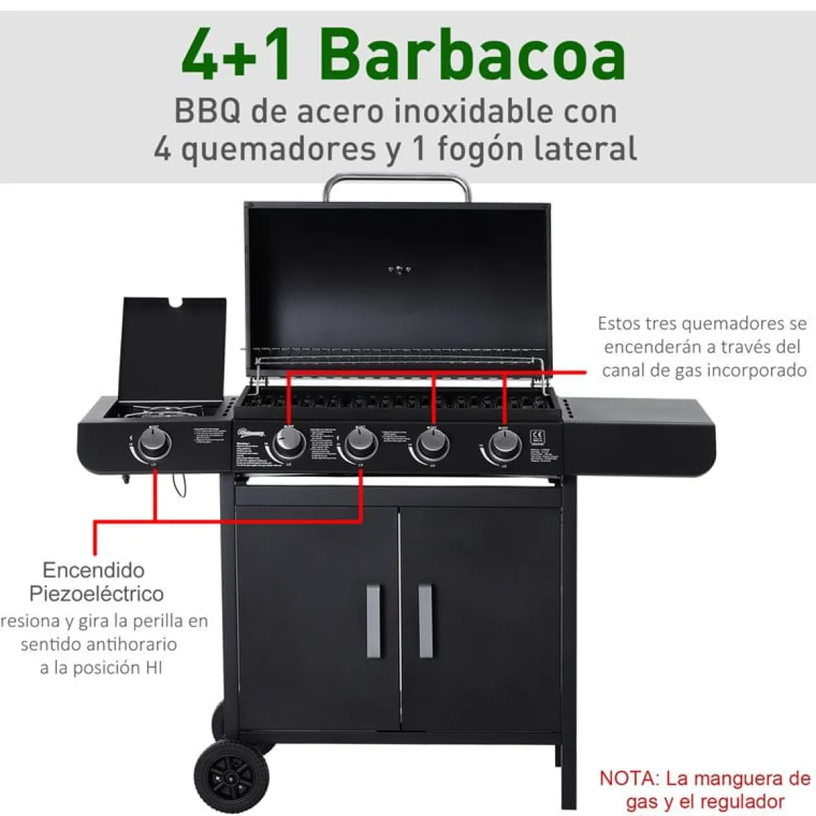 Barbacoa de gas Outsunny negro 100x125x51 cm