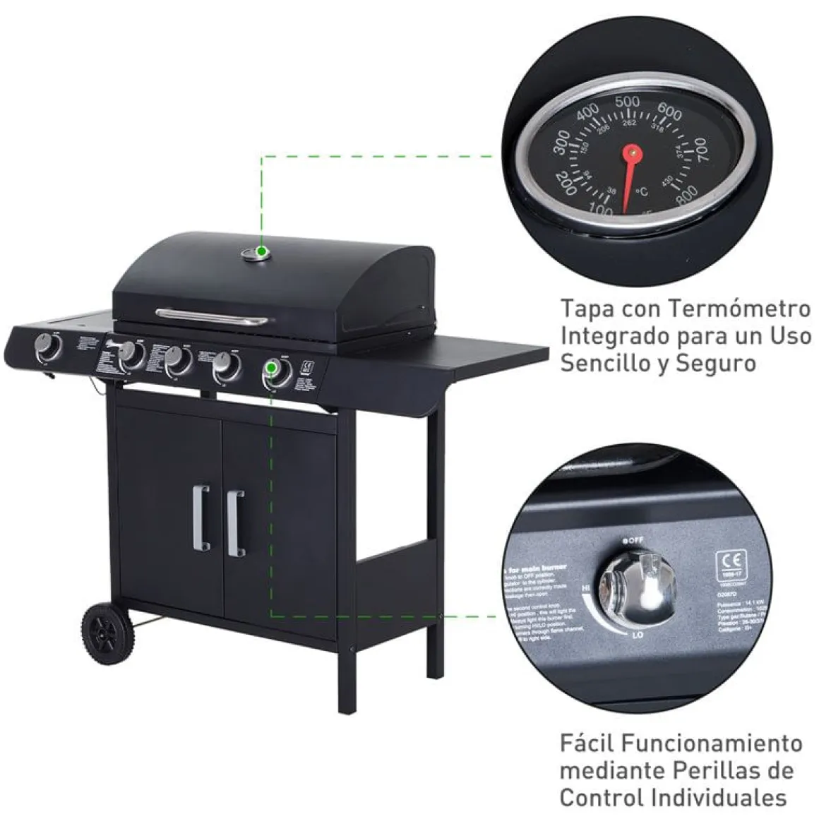 Barbacoa de gas Outsunny negro 100x125x51 cm