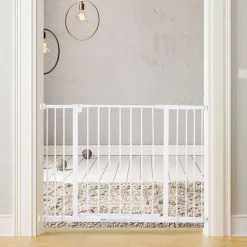 Barrera de seguridad PawHut extensible puertas y escaleras metal blanco 76x72-107 cm